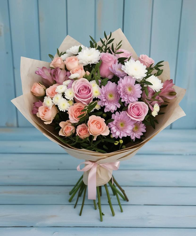 Букет цветов из: Хризантемы, Розы и Альстромерии в Богане