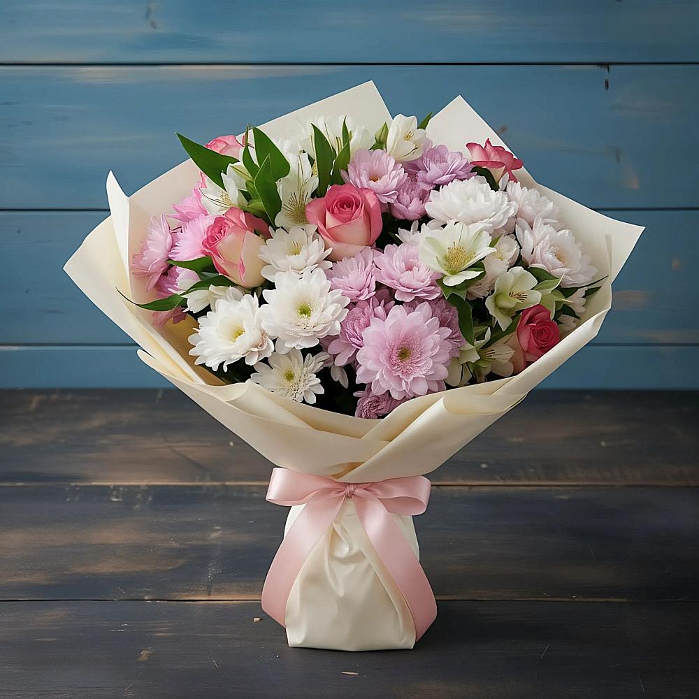 Букет цветов из: Хризантемы, Альстромерии и Розы в Богане